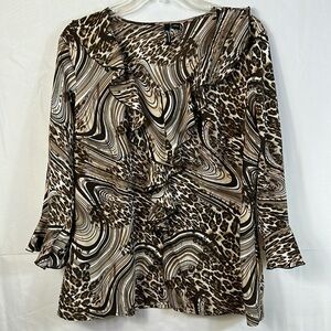 Milano Animal Print Blouse Size XL Rounded Neck Ruffle Front Like New Browns